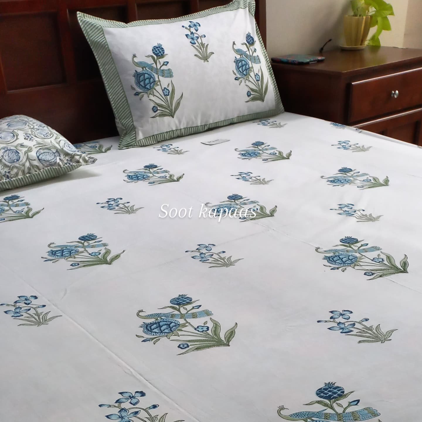 Blue Mayura – Hand-Blocked Cotton Bedsheet