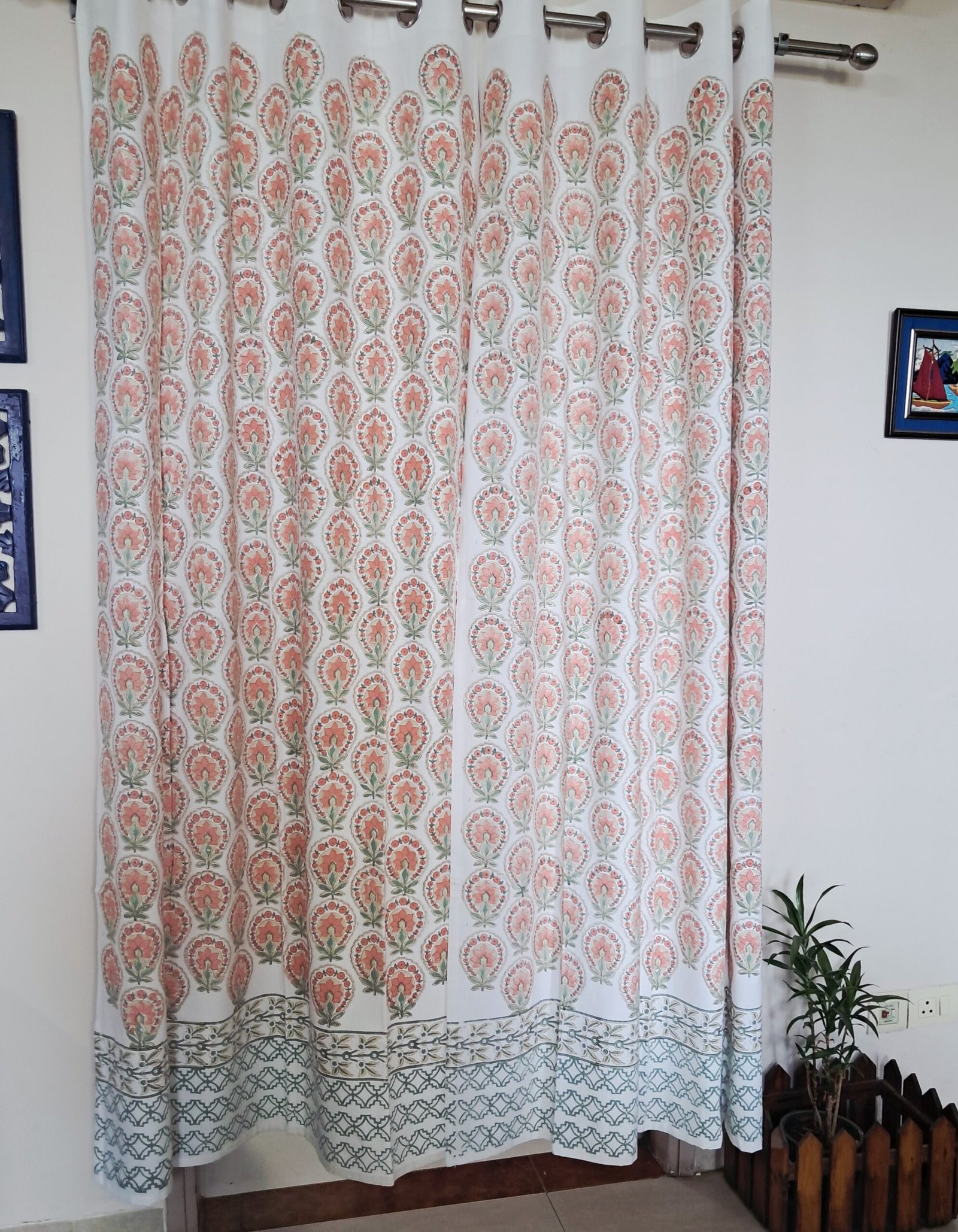 Peach Blossom - Hand-Block Printed Casement Cotton Curtain - Image 4