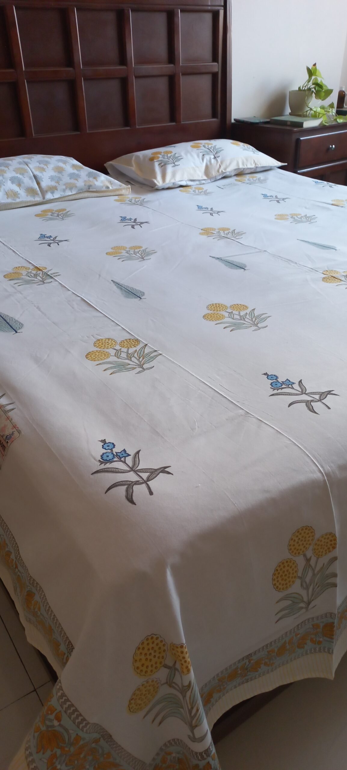 Golden Morning - Hand-Block Printed Cotton Bedsheet (108x108) - Image 5