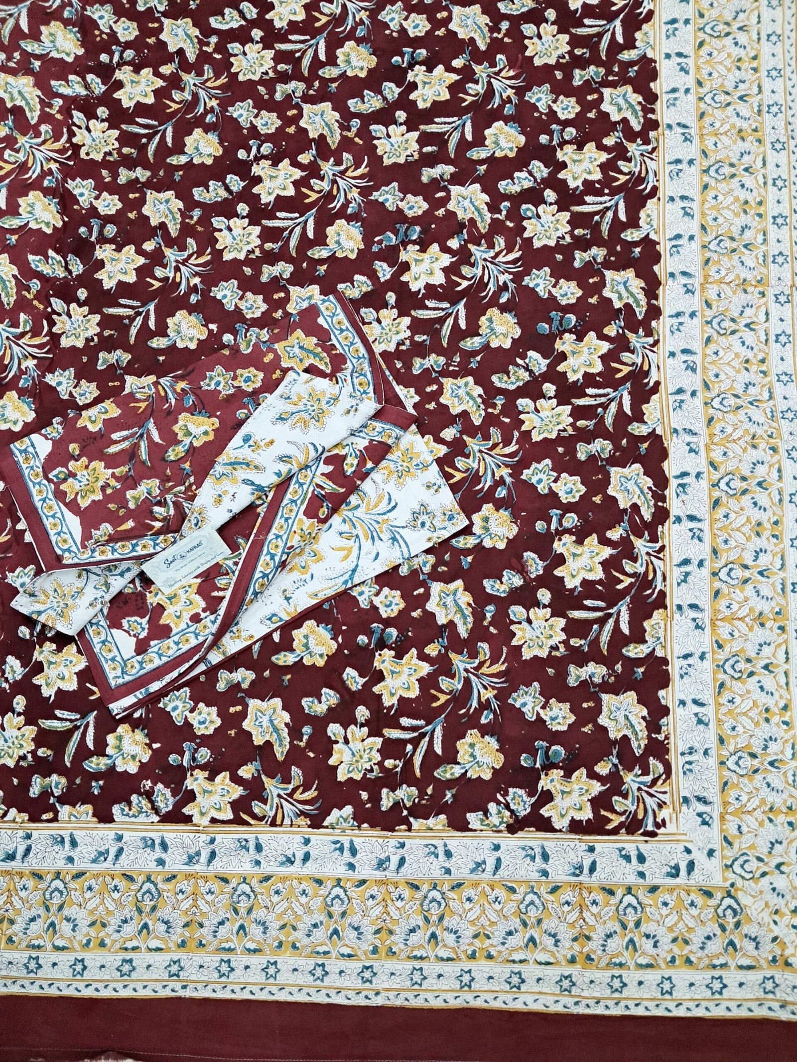 Maroon Meadow - Hand-Block Printed Cotton Bedsheet - Image 2