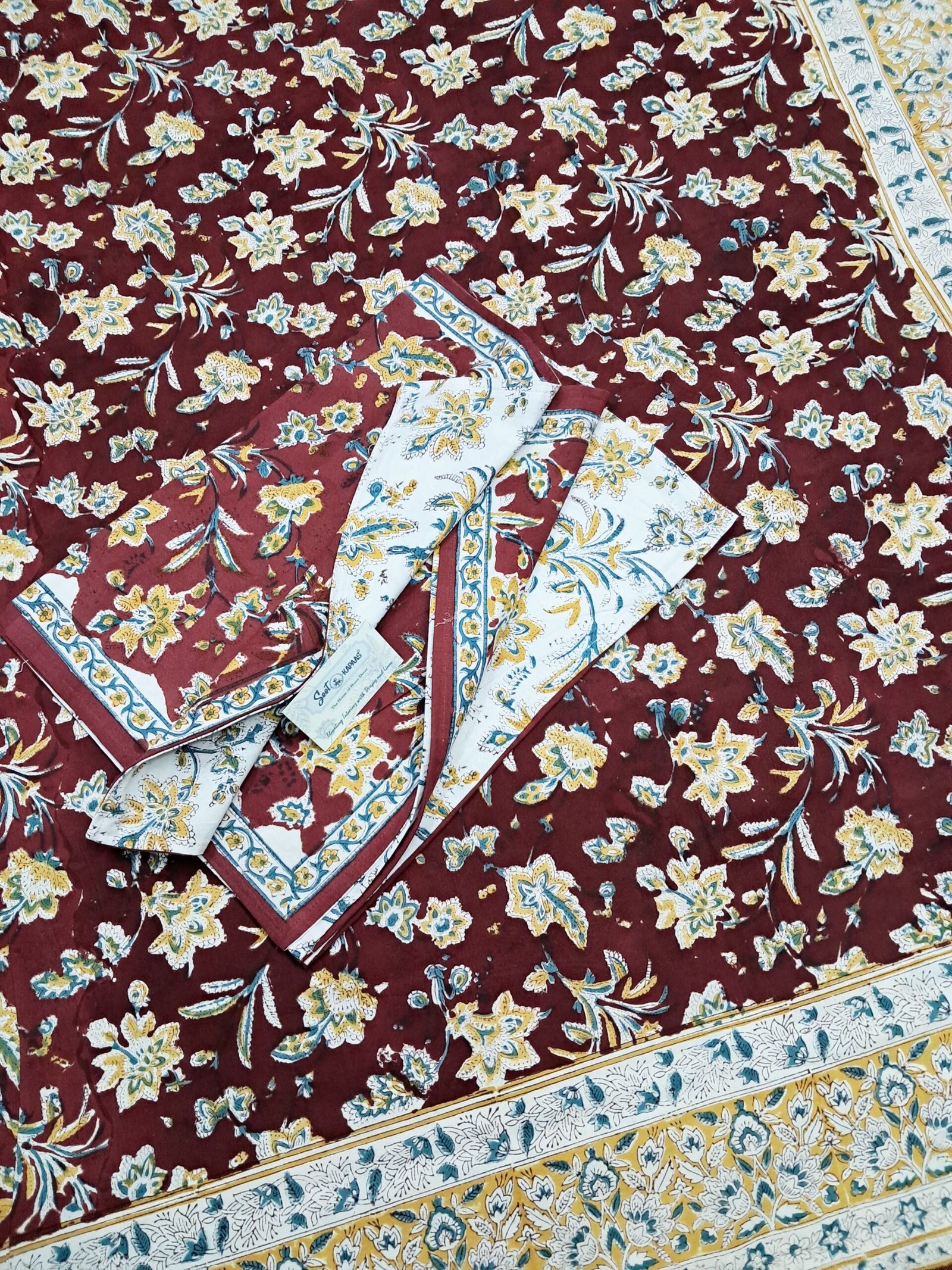 Maroon Meadow - Hand-Block Printed Cotton Bedsheet - Image 6