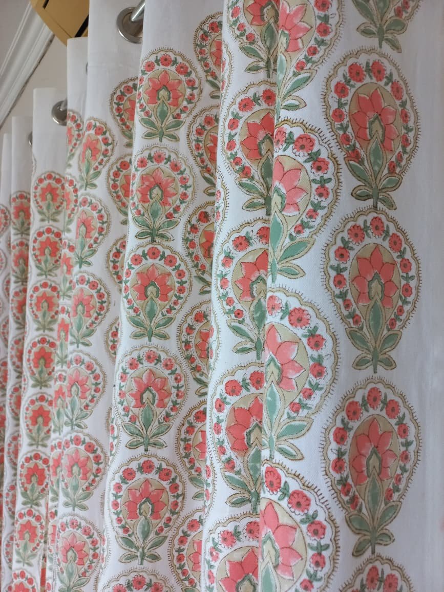 Peach Blossom - Hand-Block Printed Casement Cotton Curtain