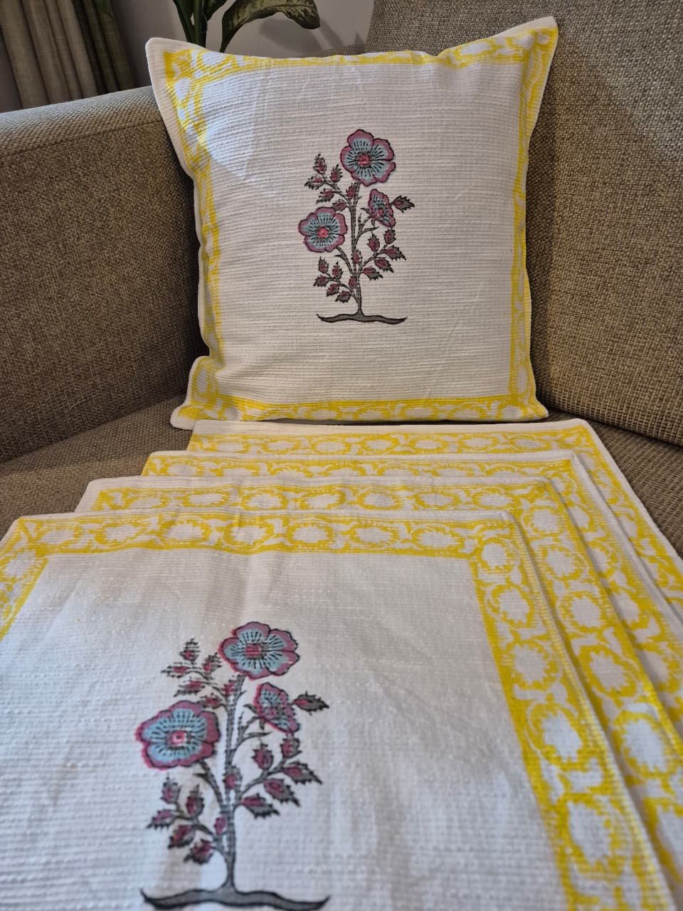 Blue Bloom – Jaipuri Hand-Block Katha Cotton Cushion Covers - Image 3